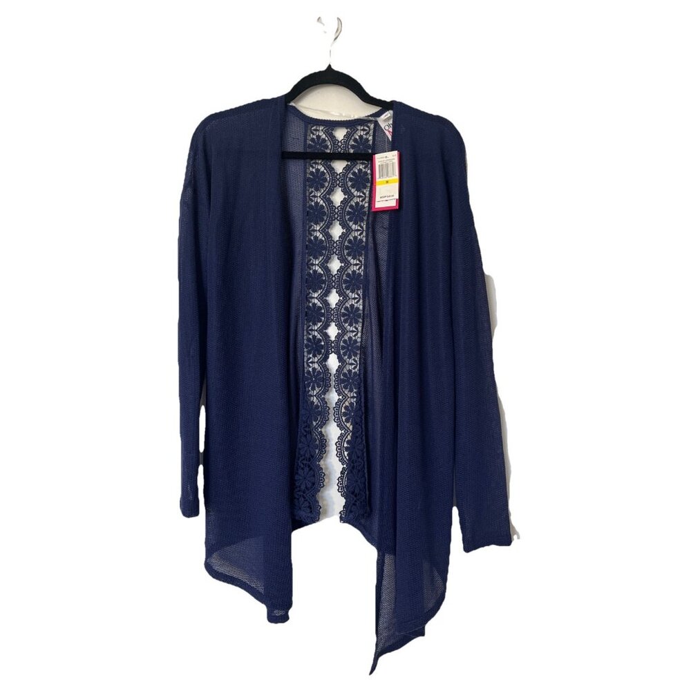 OhMG! Deep Blue Knit Waterfall Open‎ Cardigan-Size M Embroidery Laced Back